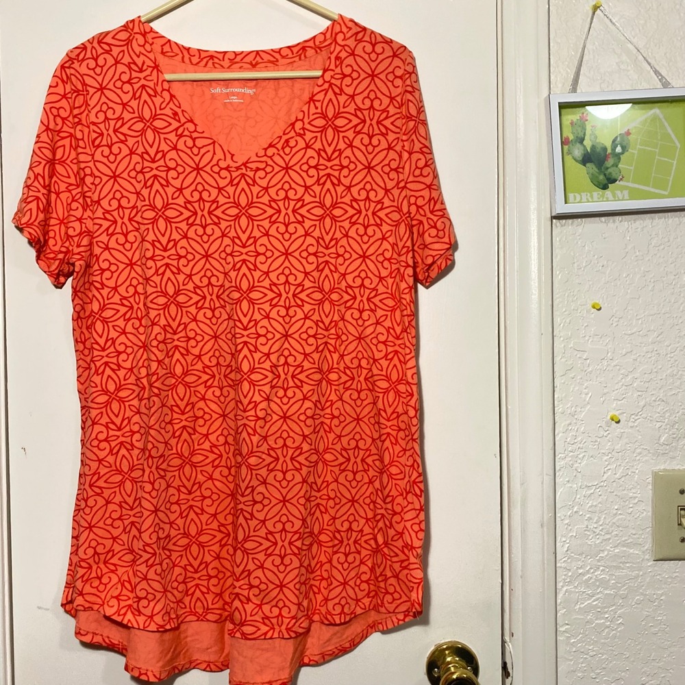 Soft Surroundings Women's Large Orange Floral‎ V Neck Short Sleeve Top